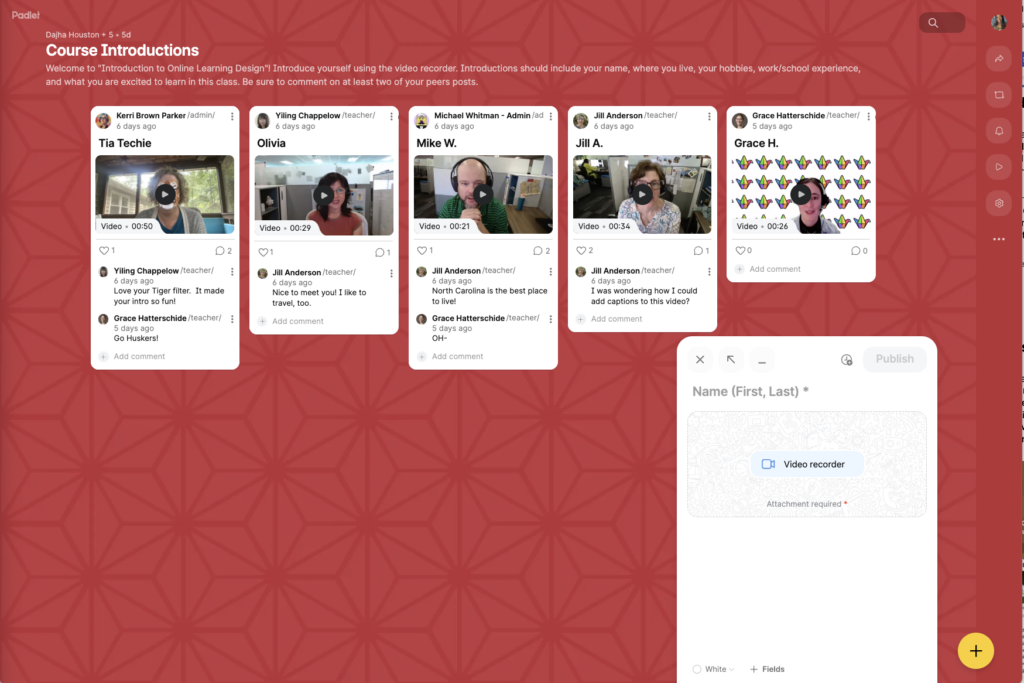 Padlet in Grid format showing student introductions with video posts.